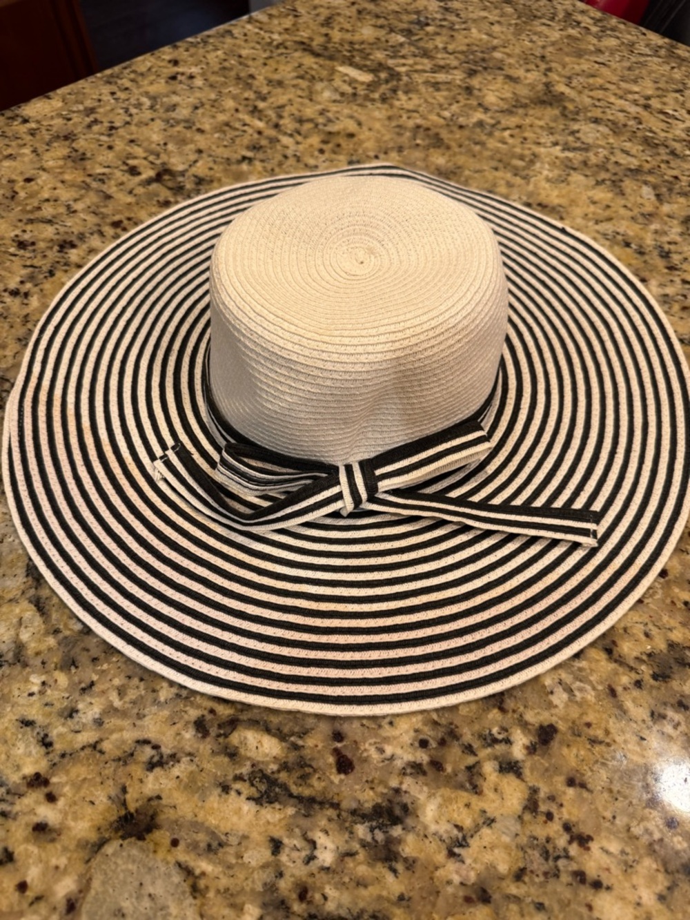 Black & White Striped Wide Brim Sun Hat with Bow